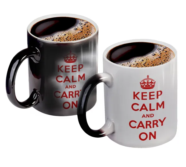 KEEP CALM  and carry on — Color changing magic Mug, ceramic, 330ml when adding hot liquid inside, the black colour desappears (1 pcs)