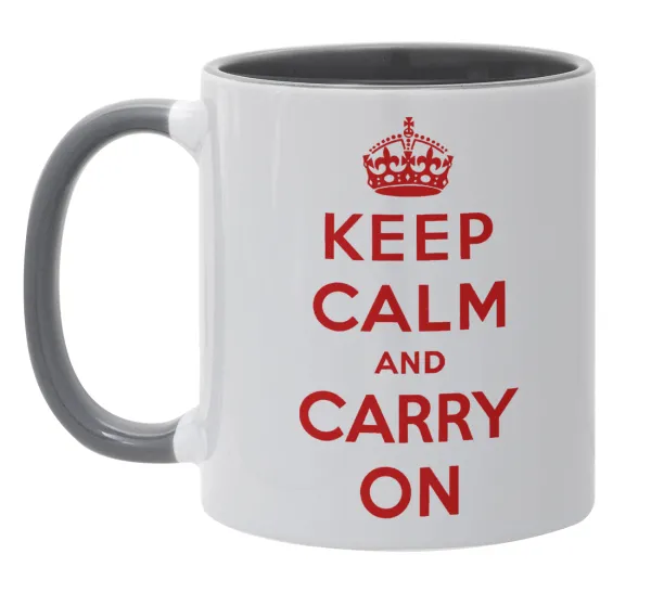 KEEP CALM  and carry on — Κούπα χρωματιστή γκρι, κεραμική, 330ml