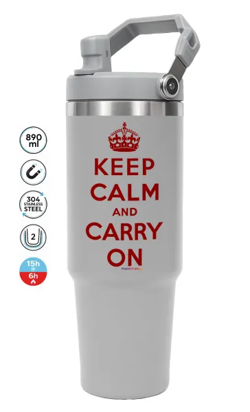 KEEP CALM  and carry on — ΓΚΡΙ Travel Tumbler Θερμός με χερούλι και καλαμάκι 890ml