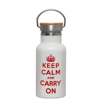 KEEP CALM  and carry on, Metallic thermos (Stainless steel) White with wooden lid (bamboo), double-walled, 350ml