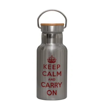 KEEP CALM  and carry on, Μεταλλικό παγούρι θερμός (Stainless steel) Ασημένιο με ξύλινο καπακι (bamboo), διπλού τοιχώματος, 350ml