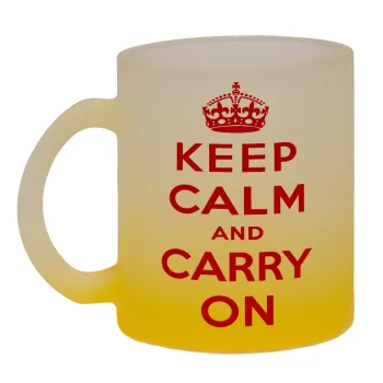 KEEP CALM  and carry on, Κούπα γυάλινη δίχρωμη με βάση το κίτρινο ματ, 330ml
