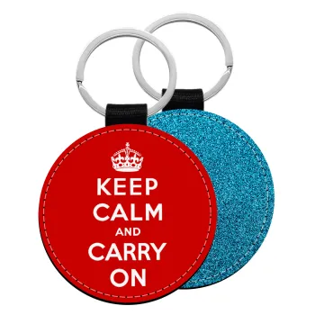 KEEP CALM  and carry on, Μπρελόκ Δερματίνη, στρογγυλό ΜΠΛΕ (5cm)