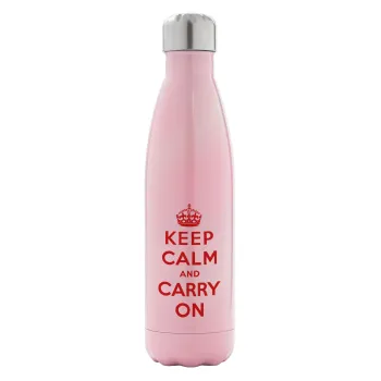 KEEP CALM  and carry on, Μεταλλικό παγούρι θερμός Ροζ Ιριδίζον (Stainless steel), διπλού τοιχώματος, 500ml
