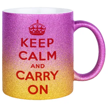 KEEP CALM  and carry on, Κούπα Χρυσή/Ροζ Glitter, κεραμική, 330ml
