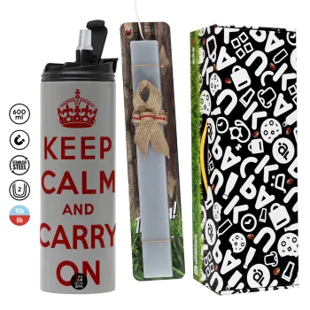 KEEP CALM  and carry on, Πασχαλινή Λαμπάδα με Travel Tumbler θερμό (600ml, BPA free) & κερί αρωματικό πλακέ (30cm) (ΓΚΡΙ)