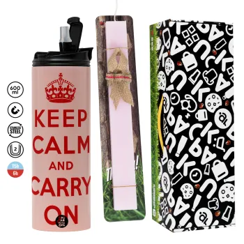 KEEP CALM  and carry on, Πασχαλινή Λαμπάδα με  ΡΟΖ Travel Tumbler θερμό (600ml, BPA free) & κερί αρωματικό πλακέ (30cm) (ΡΟΖ)