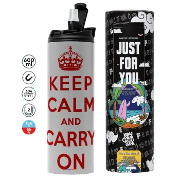 KEEP CALM  and carry on, Tumbler ποτήρι θερμό ΓΚΡΙ από ανοξείδωτο ατσάλι 600ml
