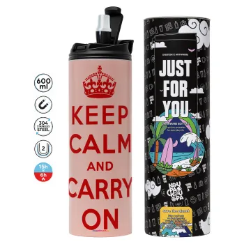KEEP CALM  and carry on, Tumbler ποτήρι θερμό ΡΟΖ από ανοξείδωτο ατσάλι 600ml