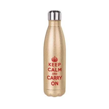 KEEP CALM  and carry on, Glitter gold stainless steel thermos bottle, double-walled, 500ml