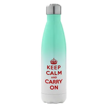 KEEP CALM  and carry on, Μεταλλικό παγούρι θερμός Πράσινο/Λευκό (Stainless steel), διπλού τοιχώματος, 500ml