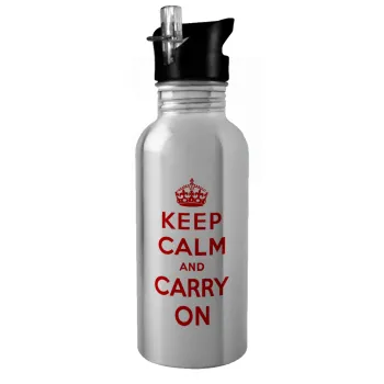KEEP CALM  and carry on, Water bottle Silver with straw, stainless steel 600ml