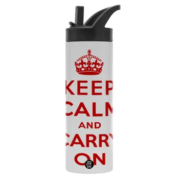 KEEP CALM  and carry on, Μεταλλικό παγούρι θερμός με καλαμάκι & χειρολαβή, ανοξείδωτο ατσάλι (Stainless steel 304), διπλού τοιχώματος, 600ml