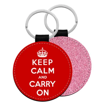 KEEP CALM  and carry on, Μπρελόκ Δερματίνη, στρογγυλό ΡΟΖ (5cm)