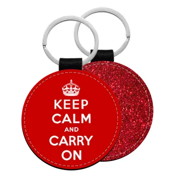 KEEP CALM  and carry on, Μπρελόκ Δερματίνη, στρογγυλό ΚΟΚΚΙΝΟ (5cm)