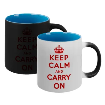 KEEP CALM  and carry on, Κούπα Μαγική εσωτερικό μπλε, κεραμική 330ml που αλλάζει χρώμα με το ζεστό ρόφημα