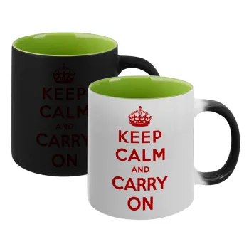 KEEP CALM  and carry on, Κούπα Μαγική εσωτερικό πράσινο, κεραμική 330ml που αλλάζει χρώμα με το ζεστό ρόφημα