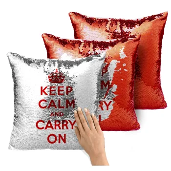 KEEP CALM  and carry on, Μαξιλάρι καναπέ Μαγικό Κόκκινο με πούλιες 40x40cm περιέχεται το γέμισμα