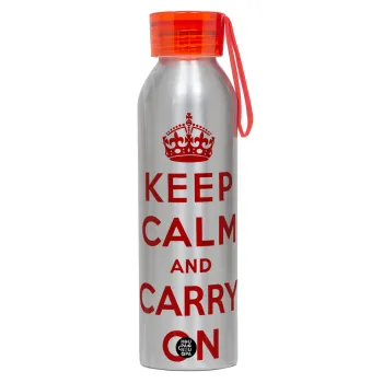 KEEP CALM  and carry on, Αλουμινένιο Αθλητικό Μπουκάλι 650ml – Ασημί με Κόκκινο Καπάκι και Λουράκι Σιλικόνης