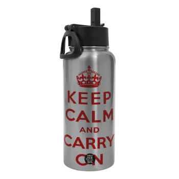 KEEP CALM  and carry on, Metal mug thermo Silver with Straw and Spout Lid (Stainless steel), double wall, 950ml