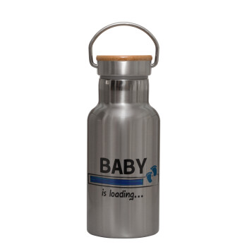 Baby is Loading BOY, Stainless steel metallic thermos flask, silver with a bamboo lid, double-walled, 350ml.
