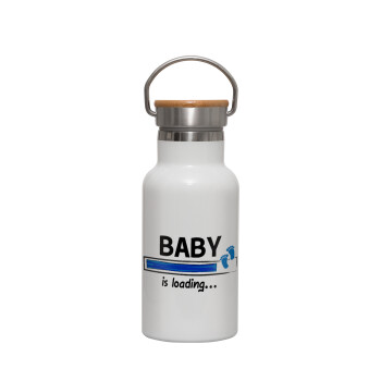 Baby is Loading BOY, Μεταλλικό παγούρι θερμός (Stainless steel) Λευκό με ξύλινο καπακι (bamboo), διπλού τοιχώματος, 350ml