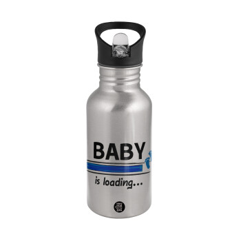 Baby is Loading BOY, Παγούρι νερού Ασημένιο με καλαμάκι, ανοξείδωτο ατσάλι 500ml