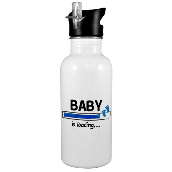 Baby is Loading BOY, White water bottle with straw, stainless steel 600ml