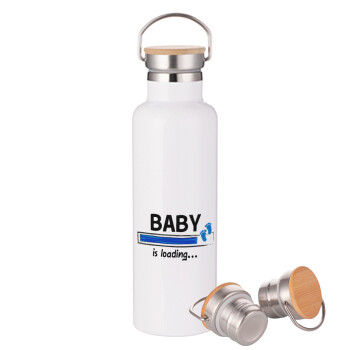 Baby is Loading BOY, Μεταλλικό παγούρι θερμός (Stainless steel) Λευκό με ξύλινο καπακι (bamboo), διπλού τοιχώματος, 750ml