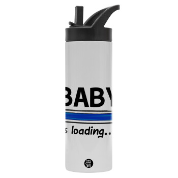 Baby is Loading BOY, Μεταλλικό παγούρι θερμός με καλαμάκι & χειρολαβή, ανοξείδωτο ατσάλι (Stainless steel 304), διπλού τοιχώματος, 600ml