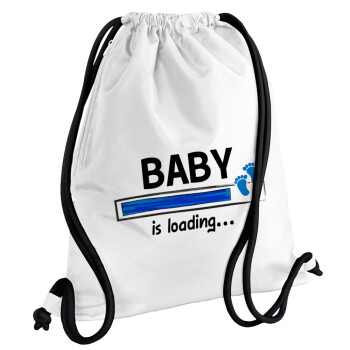 Baby is Loading BOY, Τσάντα πλάτης πουγκί GYMBAG λευκή, με τσέπη (40x48cm) & χονδρά κορδόνια