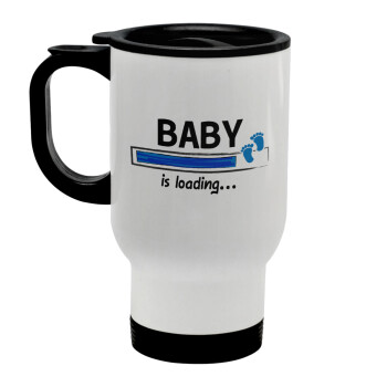 Baby is Loading BOY, Κούπα ταξιδιού ανοξείδωτη με καπάκι, διπλού τοιχώματος (θερμό) λευκή 450ml