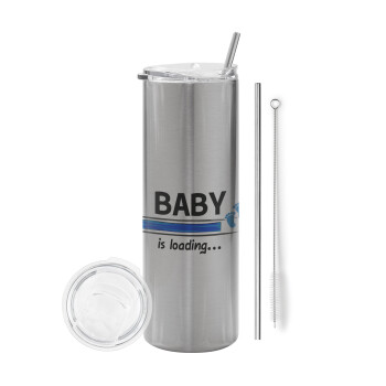 Baby is Loading BOY, Eco friendly ποτήρι θερμό Ασημένιο (tumbler) από ανοξείδωτο ατσάλι 600ml, με μεταλλικό καλαμάκι & βούρτσα καθαρισμού