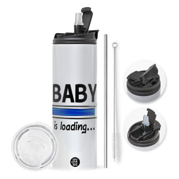 Baby is Loading BOY, Travel Tumbler 2 Lids, with metal straw & cleaning brush (Stainless steel 304 Food grade, BPA free, 600ml)