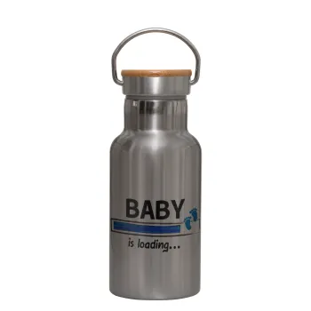 Baby is Loading BOY, Stainless steel metallic thermos flask, silver with a bamboo lid, double-walled, 350ml.