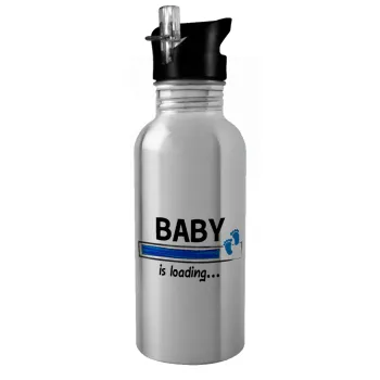 Baby is Loading BOY, Water bottle Silver with straw, stainless steel 600ml