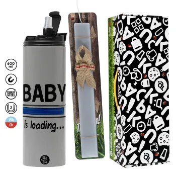 Baby is Loading BOY, Πασχαλινή Λαμπάδα με Travel Tumbler θερμό (600ml, BPA free) & κερί αρωματικό πλακέ (30cm) (ΓΚΡΙ)