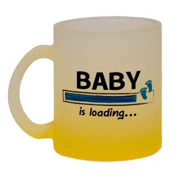 Baby is Loading BOY, Κούπα γυάλινη δίχρωμη με βάση το κίτρινο ματ, 330ml
