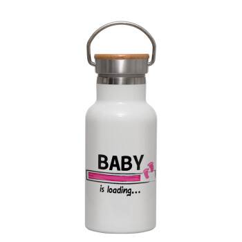 Baby is Loading GIRL, Μεταλλικό παγούρι θερμός (Stainless steel) Λευκό με ξύλινο καπακι (bamboo), διπλού τοιχώματος, 350ml