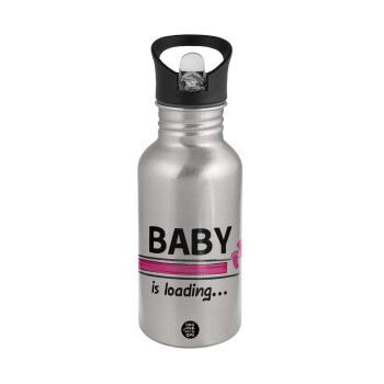 Baby is Loading GIRL, Παγούρι νερού Ασημένιο με καλαμάκι, ανοξείδωτο ατσάλι 500ml