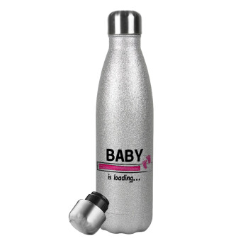Baby is Loading GIRL, Μεταλλικό παγούρι θερμός Glitter Aσημένιο (Stainless steel), διπλού τοιχώματος, 500ml