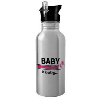 Baby is Loading GIRL, Water bottle Silver with straw, stainless steel 600ml