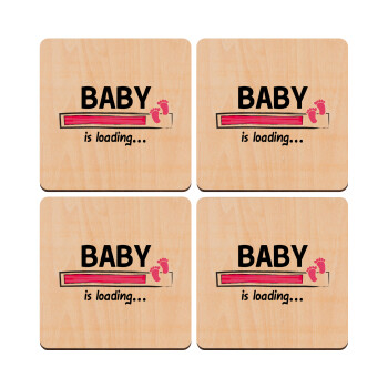 Baby is Loading GIRL, ΣΕΤ x4 Σουβέρ ξύλινα τετράγωνα plywood (9cm)