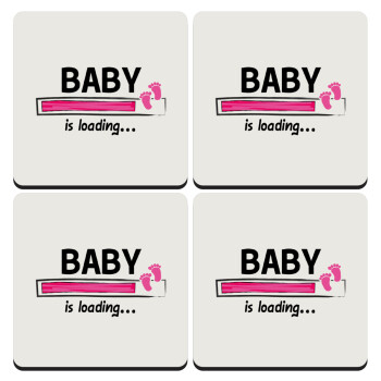 Baby is Loading GIRL, ΣΕΤ 4 Σουβέρ ξύλινα τετράγωνα (9cm)