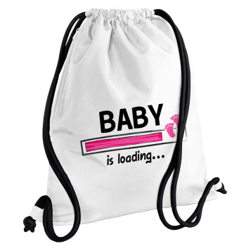 Baby is Loading GIRL, Τσάντα πλάτης πουγκί GYMBAG λευκή, με τσέπη (40x48cm) & χονδρά κορδόνια