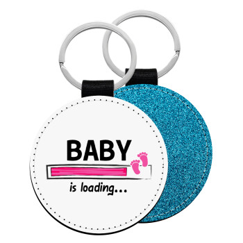 Baby is Loading GIRL, Μπρελόκ Δερματίνη, στρογγυλό ΜΠΛΕ (5cm)