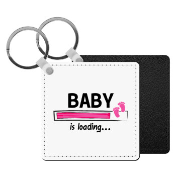 Baby is Loading GIRL, Μπρελόκ Δερματίνη, τετράγωνο ΜΑΥΡΟ (5x5cm)