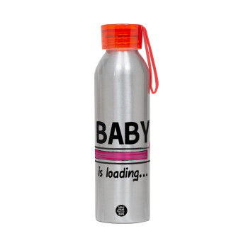 Baby is Loading GIRL, Αλουμινένιο Αθλητικό Μπουκάλι 650ml – Ασημί με Κόκκινο Καπάκι και Λουράκι Σιλικόνης