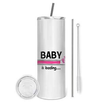 Baby is Loading GIRL, Eco friendly ποτήρι θερμό (tumbler) από ανοξείδωτο ατσάλι 600ml, με μεταλλικό καλαμάκι & βούρτσα καθαρισμού