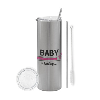 Baby is Loading GIRL, Eco friendly stainless steel Silver tumbler 600ml, with metal straw & cleaning brush